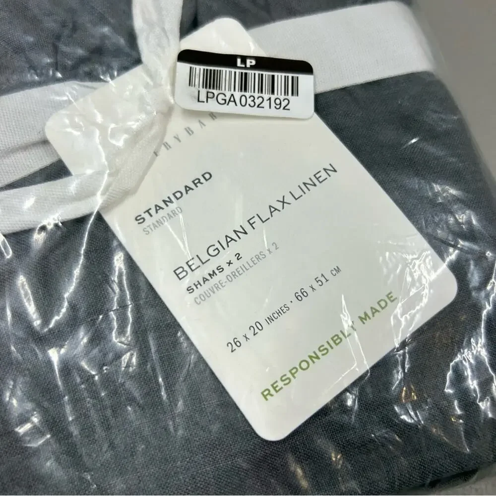 2 Pottery Barn Belgian Flax Linen Fringe Ruffle Shams Cover Charcoal Gray NWT